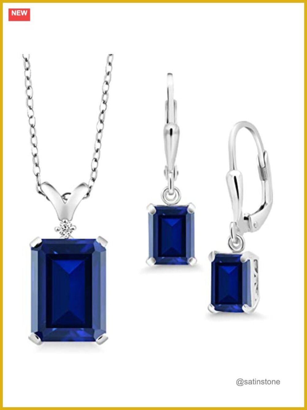Emerald Cut Gemstone Diamond Pendant Earrings Set 925 Sterling Silver